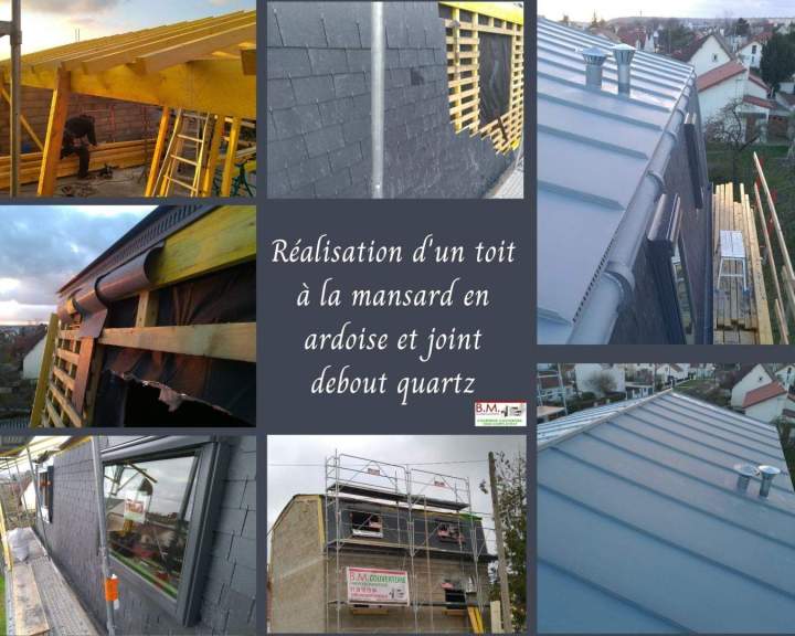 Réalisation d'un toit à la mansard en ardoise et joint debout quartz Conflans-Sainte-Honorine